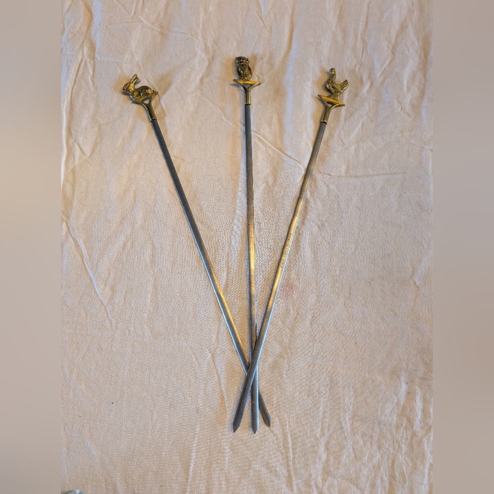 2/20$ Vintage Brass-Handled Long Skewers/ Turkey Sener in Silver Tone